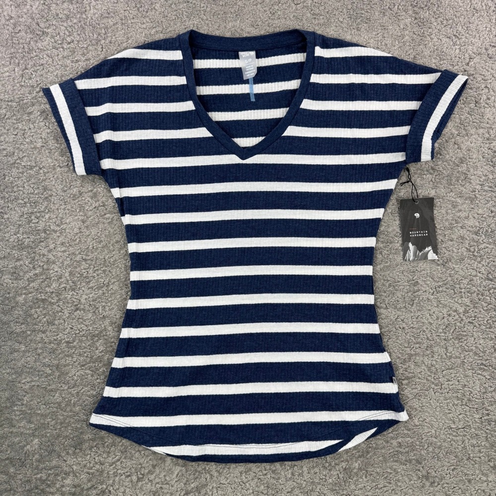 Mountain Hardwear Lookout Short Sleeve T Navy Striped Ribbed V-Neck S OL1408